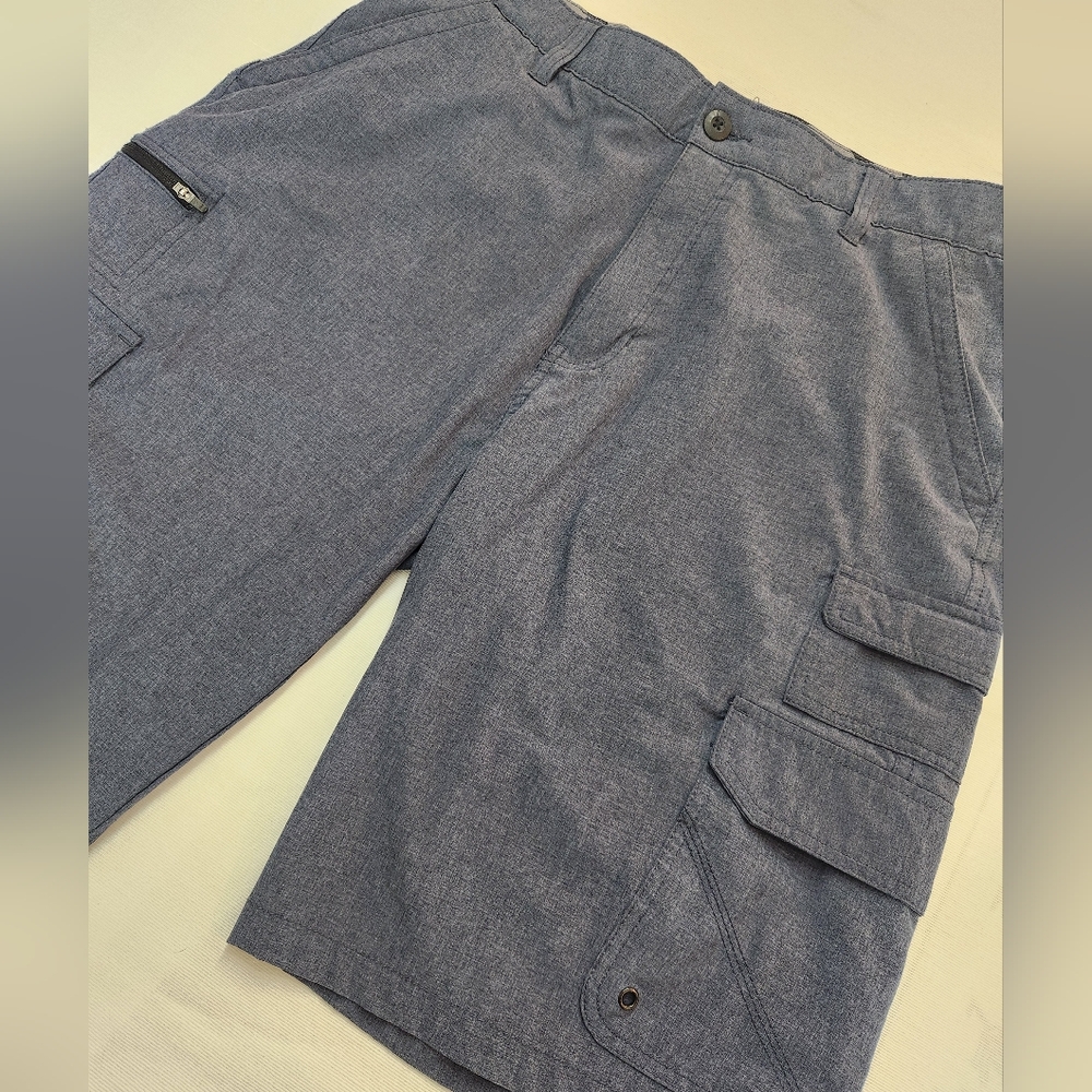 IRON CO. Men’s 36 Blue Cargo Shorts Polyester Spandex Flat Front Button Pockets